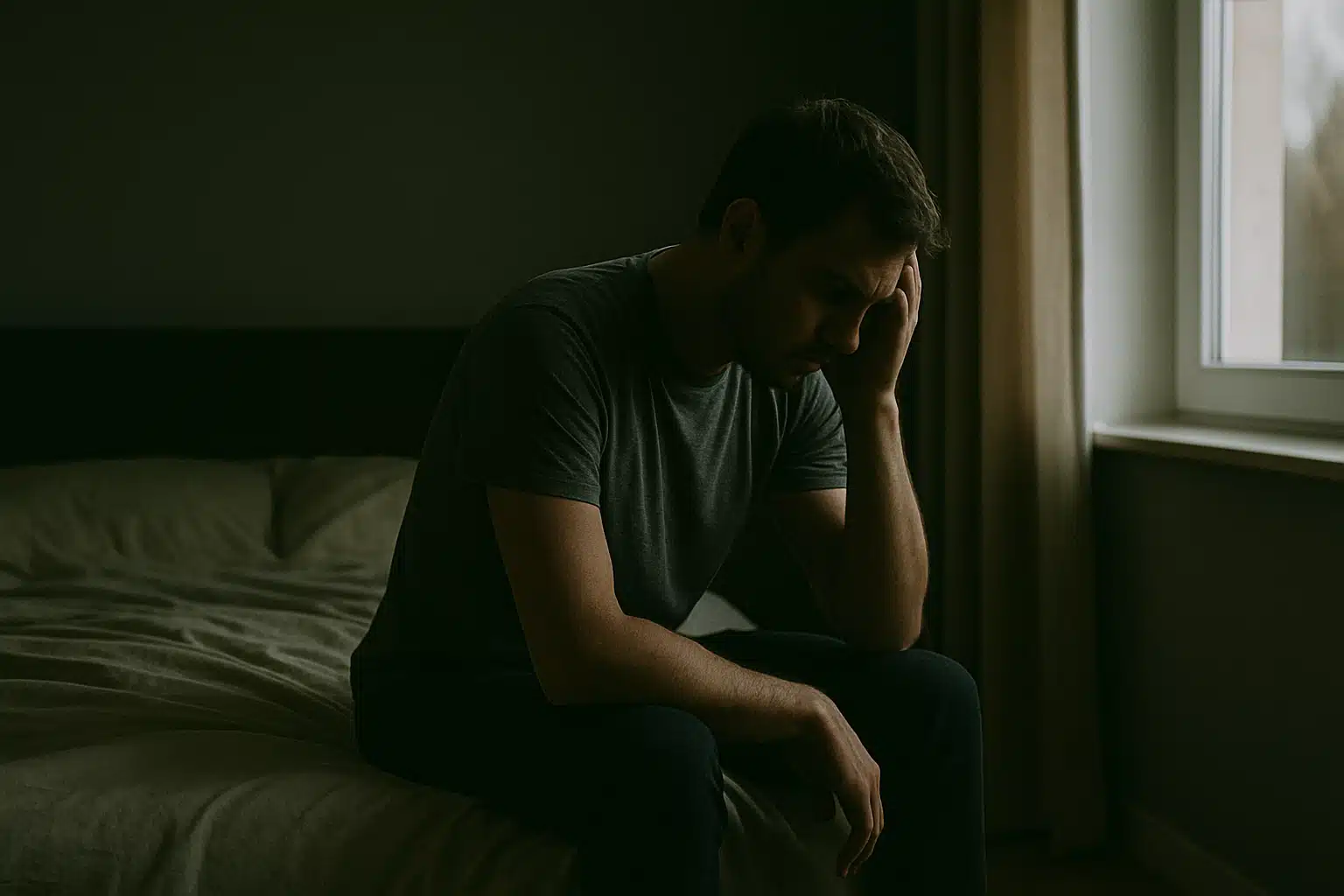 Behandlung von Depression – Symbolbild Antriebslosigkeit Mann sitzt niedergeschlagen auf Bett in dunklem Raum als Symbol für Depression und Antriebslosigkeit