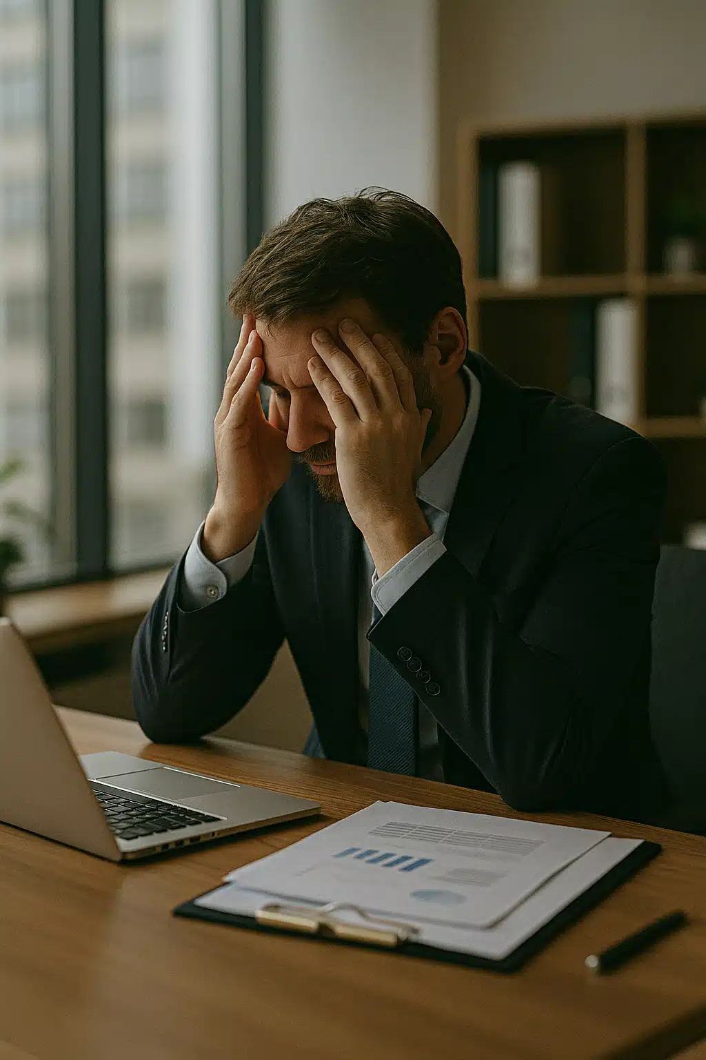 Burnout und Erschöpfung – Symbolbild im Büro Gestresster Mann im Anzug sitzt erschöpft am Schreibtisch mit Laptop und Dokumenten als Symbol für Burnout