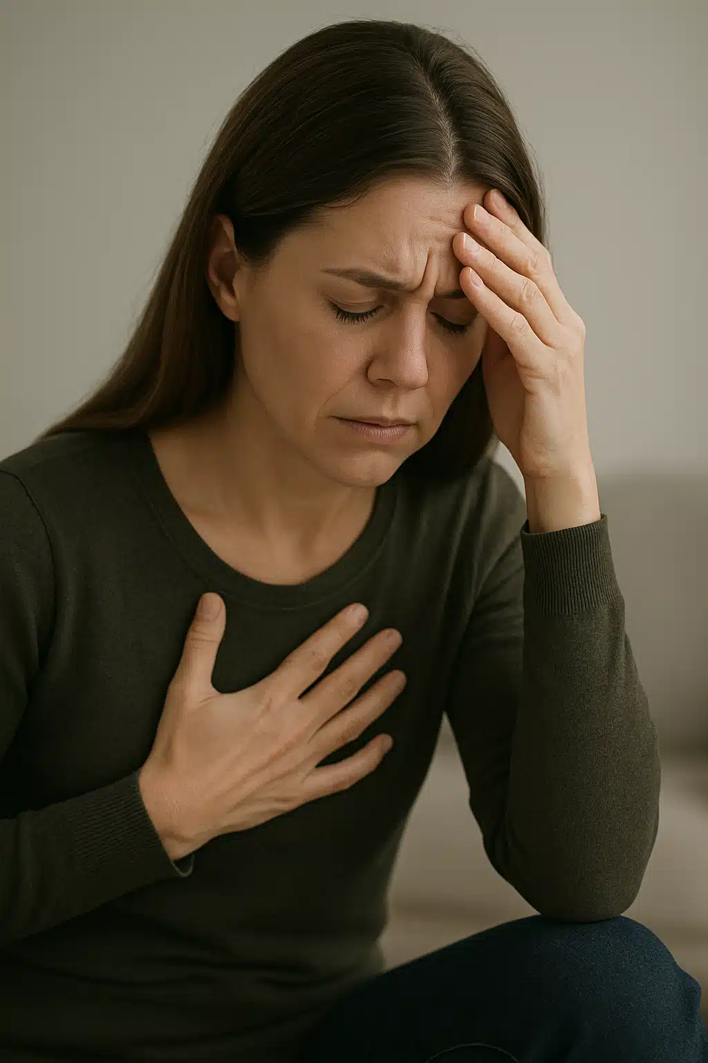 Frau mit Hand auf Brust und Stirn zeigt Symptome von Angst und Panikattacken in einem ruhigen Raum