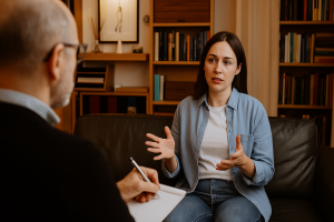 Psychotherapeut schreibt Notizen während eine Patientin in der Privatpraxis in Essen ihre Sorgen erzählt