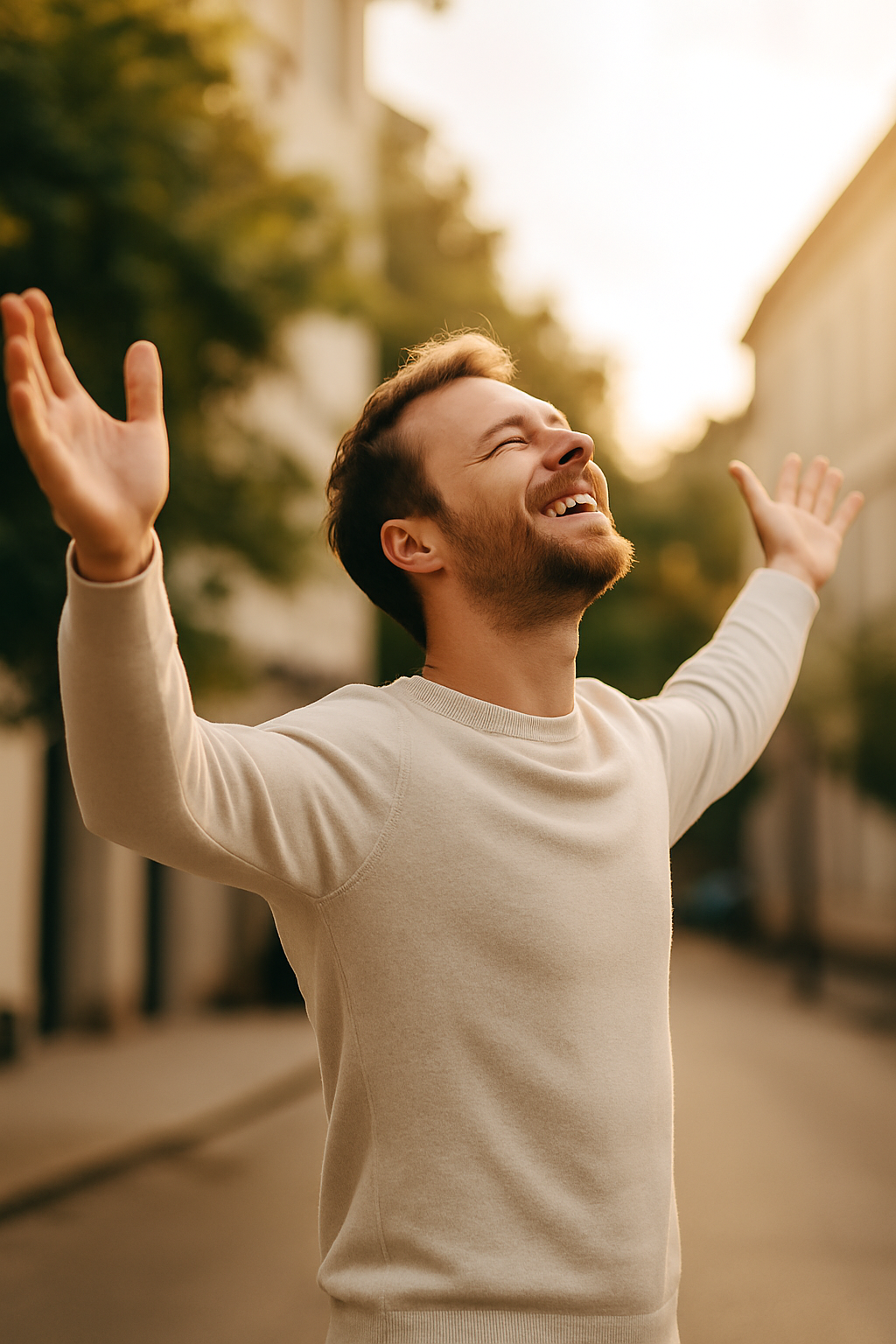Ein Mann freut sich nach erfolgreicher Psychotherapie, steht draußen im Sonnenlicht mit ausgebreiteten Armen und einem erleichterten Gesichtsausdruck.