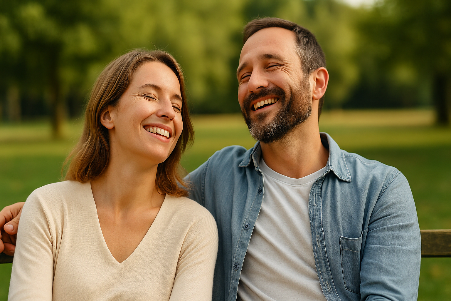 Ein entspanntes Paar sitzt lachend auf einer Parkbank und genießt gemeinsam das Leben nach erfolgreicher Psychotherapie